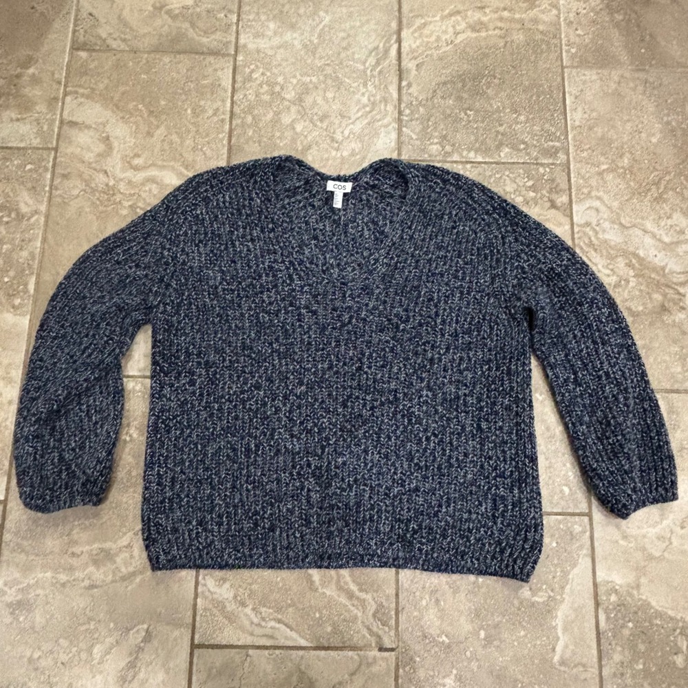 COS Blue Marled Chunky‎ Knit V-Neck Oversized Sweater Womens Medium